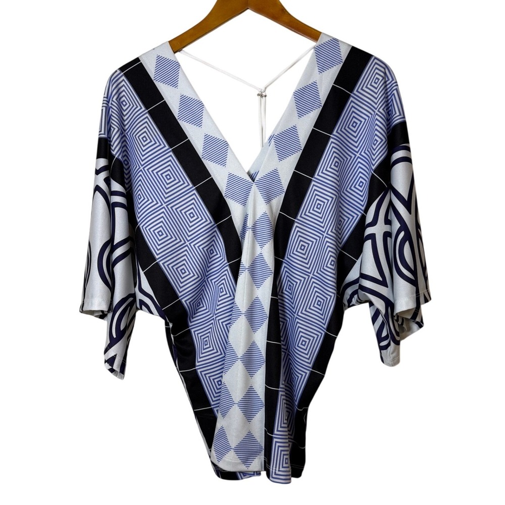 Analili Women Blouse M/L Blue Geometric Dolman Sleeve Mod Artistic Made in USA